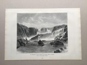 【现货 包邮】1882年大幅木刻版画,《南美洲.壮观的保罗阿丰索大瀑布Der Wasserfall von Paulo Affonso in der Provinz Bahia in Brasilien》尺寸41.5*28.2厘米，背面空白，保罗阿丰索瀑布是位于巴西东北部，圣弗朗西斯科河上的一系列急流和三级瀑布，总落差84米，壮观而雄伟，源自Anfnahme的摄影照片，尺寸约40.8*27.5厘米
