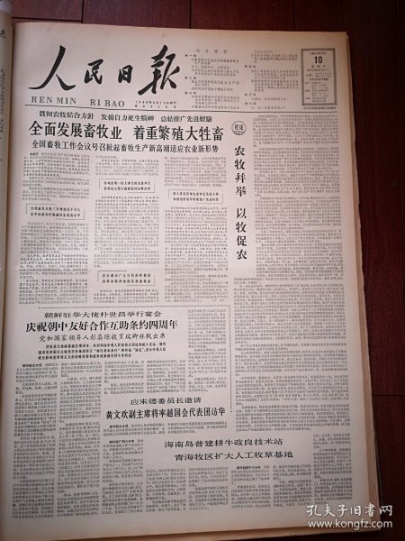 人民日报1965年7月10日6版全，社论《农牧并举 以牧促农》海南岛普建耕牛改良技术站，我国制成中型电子模拟计算机，太原山西化学厂“乐果”投入生产照片，通县新事，顺德县食品公司经理苏章发文章，兰溪县食品公司 诸葛子房文章，许姬传《针针线线皆辛苦——谈《红灯记》的艺术处理》谢树《闯关》，通县西集公社赵庄大队陈树永《祖国处处有大寨》，海口制药厂上海塑料制品七厂大连耐酸泵厂沈阳震捣器厂广告