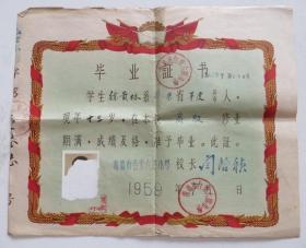 青岛市台东六路小学毕业证书 1959年（全店满30元包挂刷，满100元包快递，新疆青海西藏港澳台除外