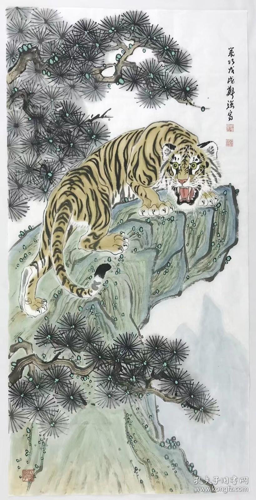 保真字画，假一赔三     郑强，四尺整张，斗方托纸。 100-50cm
郑强，专攻画虎，兼作旁类。作品多次荣获全国大奖，曾于中华世纪坛、中国人民革命军事博物馆、天津美院美术馆、中国现代文学馆等地展出，并被中央党校、中纪委等国家机关及社会各界贤达收藏。由天津人民美术出版社、广西美术出版社等专业出版社出版书籍、报刊、台历、挂历多种。南京晨报曾两次专版报道业绩，曾被中国书画报评为“中国画虎百家”之一。