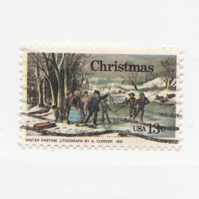 1976年美国邮票 Nathaniel Currier 画作‘冬季消遣’ 4*2.5cm