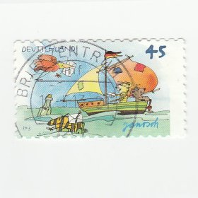 2013年德国邮票 雅诺什‘帆船’3.9*2.3cm （雅诺什是德国当代最著名的儿童文学大师。）