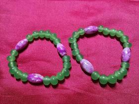老古董民国期绿琉璃珠配套现代粉色腰鼓状石珠子手链一对2串手饰品