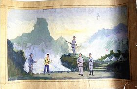 1962年上海戏剧学院舞台美术戏学生“王钺”绘画《八一风暴》第一场水粉画稿（王钺；1938年出生.河南省安阳市人.1963年毕业于上海戏剧学院舞台美术系.山西省美术家协会会员.漫画学会会员）