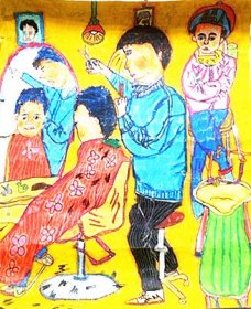 《小小理发店》太原市第六届师生书画展入展作品（八一小学学生蜡笔画）