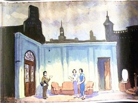 60年代话剧《七月流火》第二场水粉画稿.山西省戏曲学校“王钺”绘画（王钺；1938年出生.河南省安阳市人.1963年毕业于上海戏剧学院舞台美术系.山西省美术家协会会员.漫画学会会员）