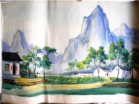 《山村民居》水粉画稿—山西省戏曲学校“王钺”绘画（1938年出生.河南省安阳市人.1963年毕业于上海戏剧学院舞台美术系.山西省美术家协会会员.漫画学会会员）