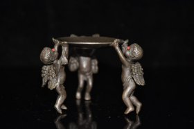 早期收藏 纯铜镶嵌宝石三腿天使蜡台摆件 做工精细 品相如图