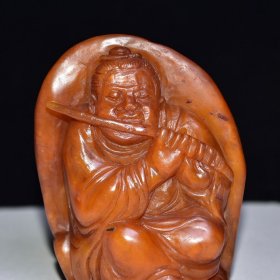 旧藏珍品 寿山石灯光冻田黄石人物摆件 石质通透坚硬 雕工精细 石纹清晰 血丝纹明显可见 名家【丁敬】庚申年作760️ 尺寸：8*4*11厘米（硬） 重量：496克