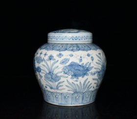 明代成化红胎青花鱼草纹盖罐【 14.5x15cm 】价格800