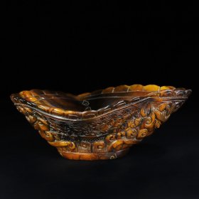 旧藏牛角整料雕刻瑞兽纹大碗，长24厘米宽17厘米高9.5厘米，重483克