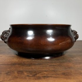 紫铜狮耳炉，高10.3厘米，口径20.8厘米，重5350克，¥4800