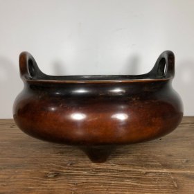 紫铜双耳炉，高18厘米，口径28厘米，重11495克，¥7600