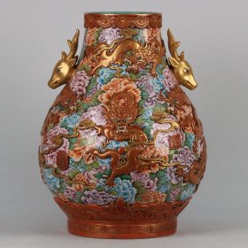 清乾隆 珐琅彩鎏金浮雕五龙穿万花纹鹿头尊 高宽：47.5*37cm ￥27000