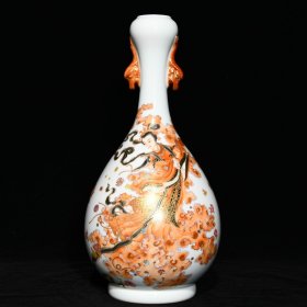 清 雍正矾红墨彩描金天女散花纹蒜头瓶，高35.5cm直径16cm，价格4940