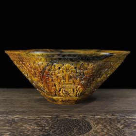 旧藏牛角整料雕刻饕餮纹六角大碗，长24厘米宽22.8厘米高10厘米，重845克