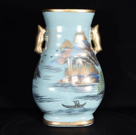 汝窑加彩描金山水纹双耳瓶，18×12×8，价格:630