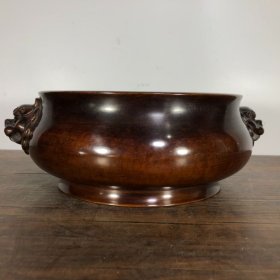 紫铜狮耳炉，高8.8厘米，口径19厘米，重3145克，¥3600