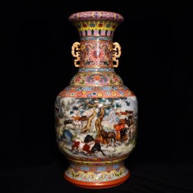 乾隆粉彩鎏金百骏图瓷王，高60.5cm直径30cm，¥41600