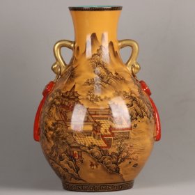 清乾隆：珐琅彩鎏金山水人物故事纹如意耳瓶 高宽：38*25cm ￥4500