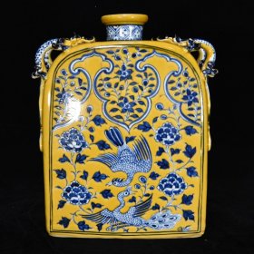 元黄釉青花花鸟纹扁瓶，22×16.5×7.5，价格:900