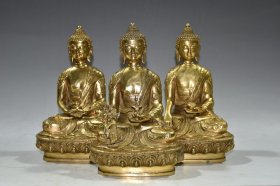 早期收藏 纯铜鎏金释迦三宝佛像摆件 做工精细 品相如图