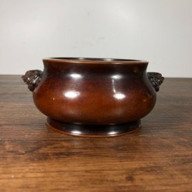 紫铜狮耳炉，高5.5厘米，口径10厘米，重1165克，¥1200