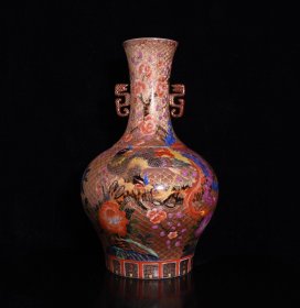 清乾隆珐琅彩刻金凤凰牡丹纹双耳瓶1029  古玩古董精品瓷器收藏