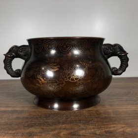 紫铜掐银丝象耳炉，高13厘米，口径16.3厘米，重5810克，¥4600