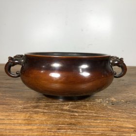 紫铜兽耳炉，高7厘米，口径14.5厘米，重1970克，¥1800