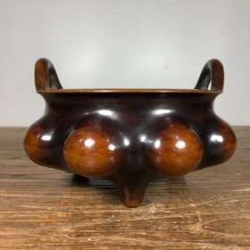 紫铜桥耳炉，高8.8厘米，口径12.6厘米，重1765克，¥1800