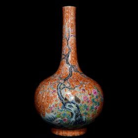 清 雍正木纹釉粉彩安居乐业纹胆瓶，高43cm直径25cm，价格3380