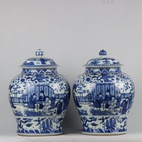 大明万历 青花人物故事纹将军罐一对 高宽：49*35cm ￥4200