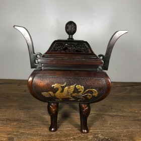 紫铜浮雕鎏金双耳熏炉，高26厘米，口径13.6厘米，重4830克，¥4800