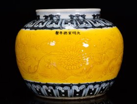 明宣德年黄釉青花刻花罐20*23m960¥