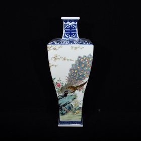 清乾隆青花边空雀花卉纹箱器35.5×13×13