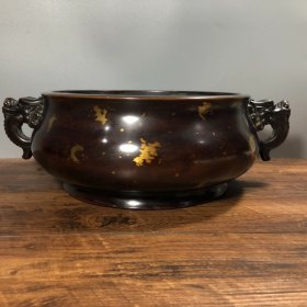紫铜点金龙耳炉，高12厘米，口径25.8厘米，重9395克，¥7600