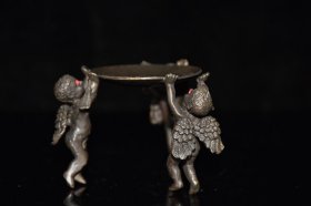 早期收藏 纯铜镶嵌宝石三腿天使蜡台摆件 做工精细 品相如图