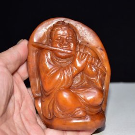 旧藏珍品 寿山石灯光冻田黄石人物摆件 石质通透坚硬 雕工精细 石纹清晰 血丝纹明显可见 名家【丁敬】庚申年作760️ 尺寸：8*4*11厘米（硬） 重量：496克
