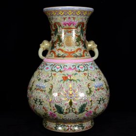 古玩古董瓷器收藏清乾隆年豆青釉粉彩花卉纹象耳瓶32*20m