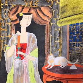 中美协会员，中国画学会理事，中国艺术研究院研究员——胡永凯《仕女与猫》人物画