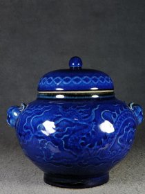乡下收的元代青花霁蓝釉龙纹 雕工虎头罐