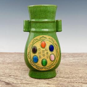 乡下收的宋代官瓷镶宝石刻诗瓷瓶高23.5直径13厘米