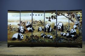 乡下收的旧藏漆器六扇屏风台中华国宝大熊猫长47宽0.6高24厘米