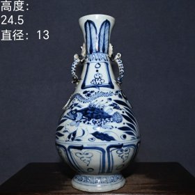 乡下收的元代青花鱼藻纹双耳瓷瓶高24.5直径13厘米