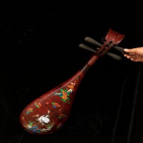 乡下收的清代古代乐器木胎漆器松鹤延年琵琶长91宽28厚13厘米