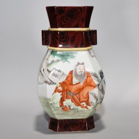 清雍正木纹釉粉彩人物故事纹方穿带瓶，26.8×17，价格:2800
