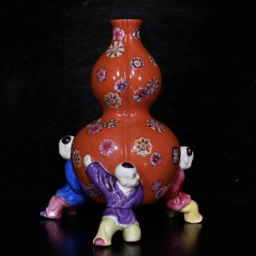乡下收的大清雍正粉彩描金花卉童子葫芦瓶尺寸15.5X13厘米
