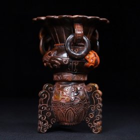 乡下收的清代牛角兽纹螭龙吊环酒杯摆件长12宽12高18厘米