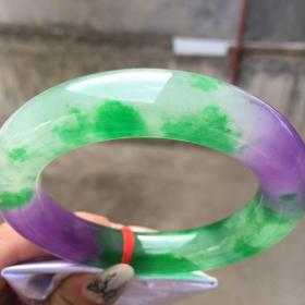 清代天然翡翠冰种完美圆杆紫飘绿手镯内径60.2宽14.6